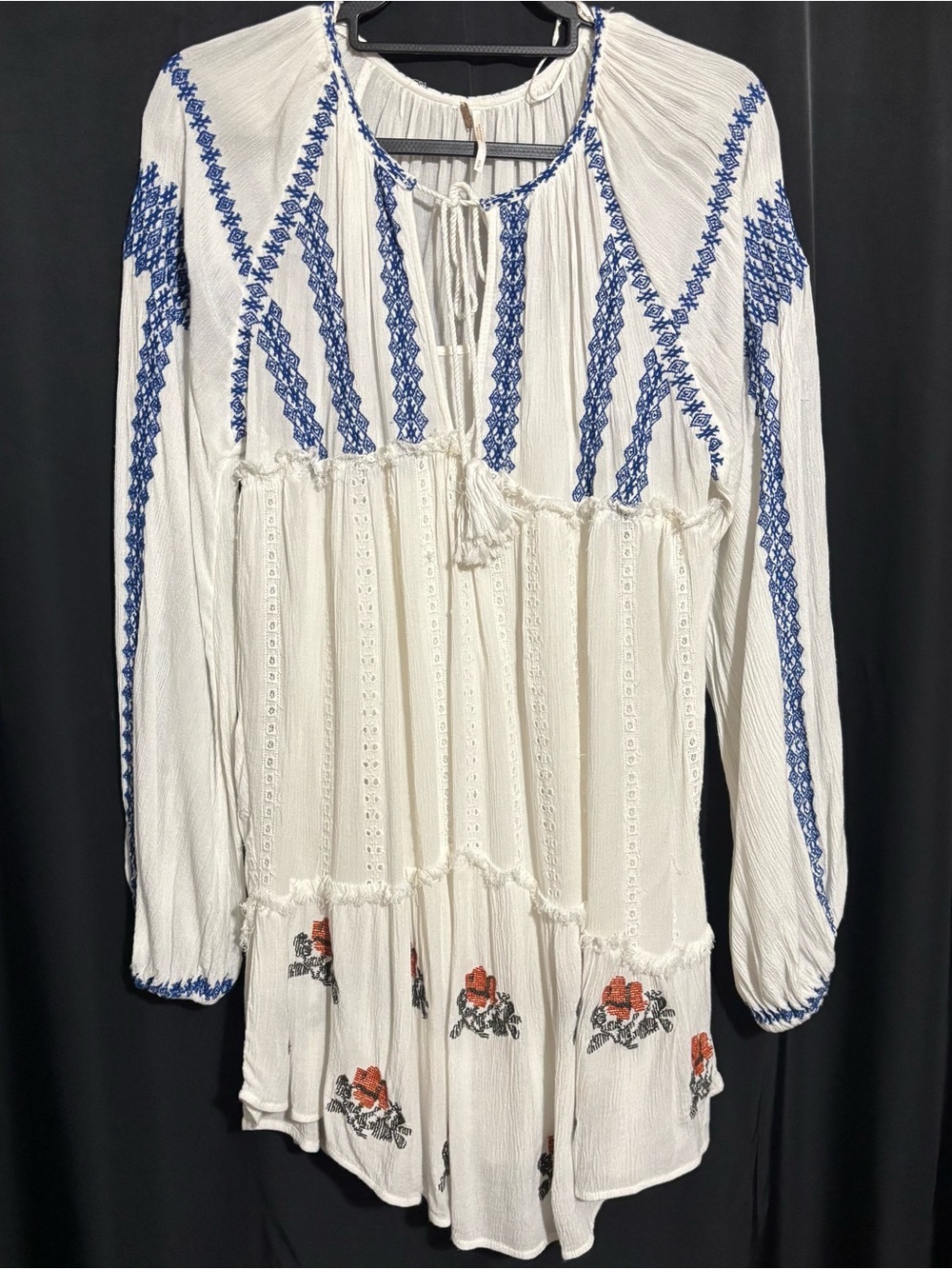 Free People S/P Wild Horses Boho Embroidered Ivory Dress Long Sleeve Tassel